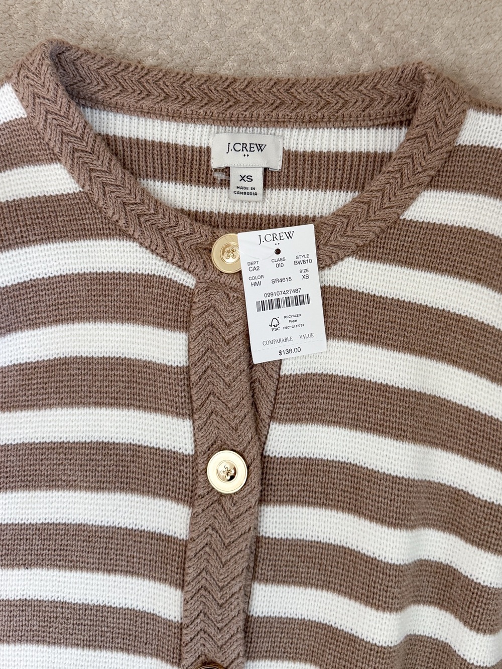 J. Crew Beige and White Striped Chunky Button Down Cardigan Sweater XS NWT - Picture 5 of 6